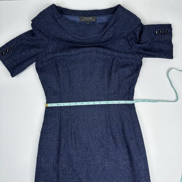 Tahari Women's NWOT Blue Jacquard Shaw Collar Business Career Shift Dress 4/C33 - Picture 11 of 15